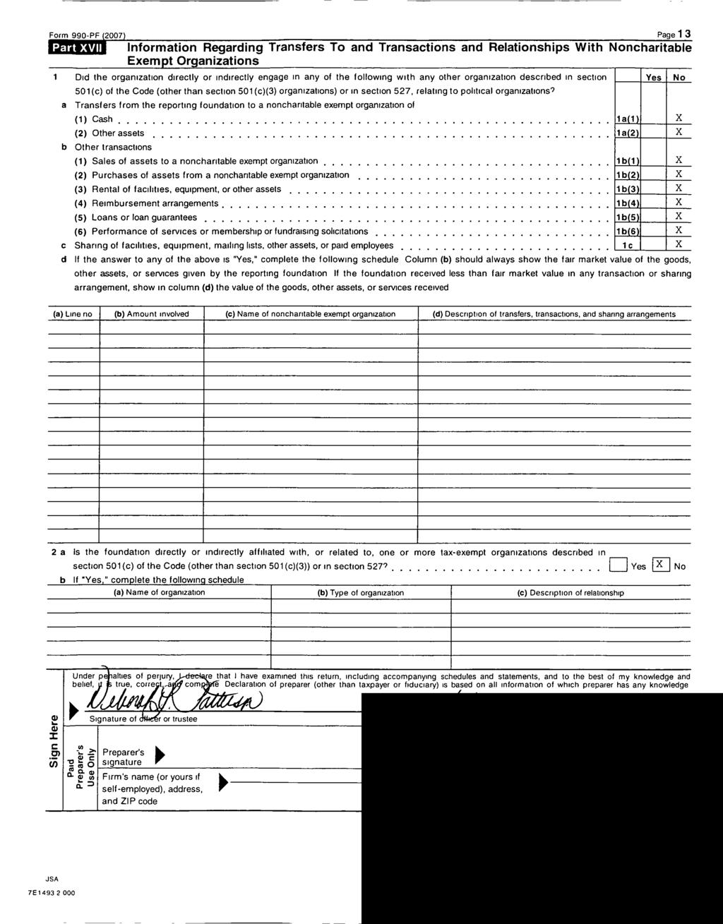 Form 990-PF 2007 Page 13 Information Regarding Transfers To and Transactions and Relationships With Noncharitable Exem pt Organizations 1 Did the organization directly or indirectly engage in any of