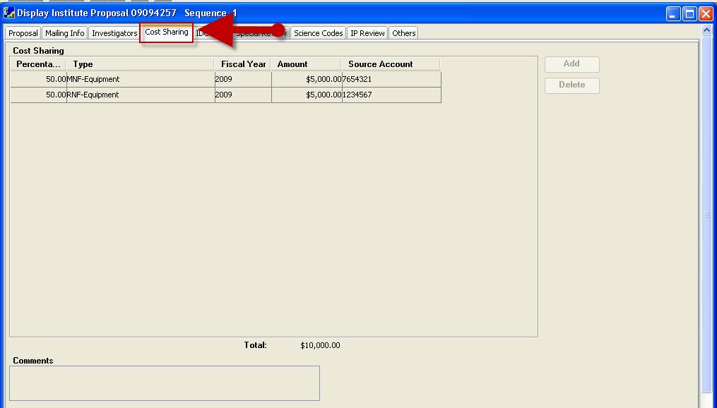 Cost Sharing Tab This tab identifies any proposed project costs not borne by the sponsor but borne by the University.