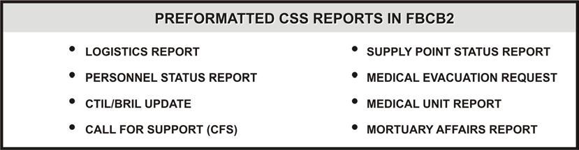 Figure 11-4 Preformatted CSS reports in FBCB2. (1) FBCB2 is used to report the status of selected equipment and supplies that are designated by the commander.