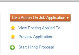 From the Job Application page for the applicant marked as a Finalist click the Start Hiring Proposal link under the orange Take Action on Job Application button.