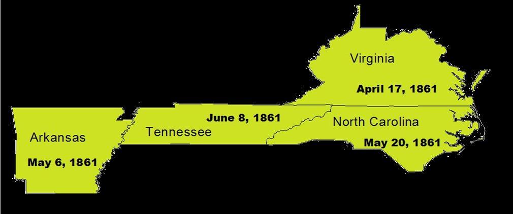 Second Round of Secession Starting with Virginia, 4 more Southern states seceded after Lincoln called for 75,000 volunteer soldiers to put down the rebellion