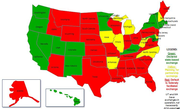 State Action on Health Insurance Exchanges LEGEND: Green: Declared statebased exchange Yellow: Planning for partnership