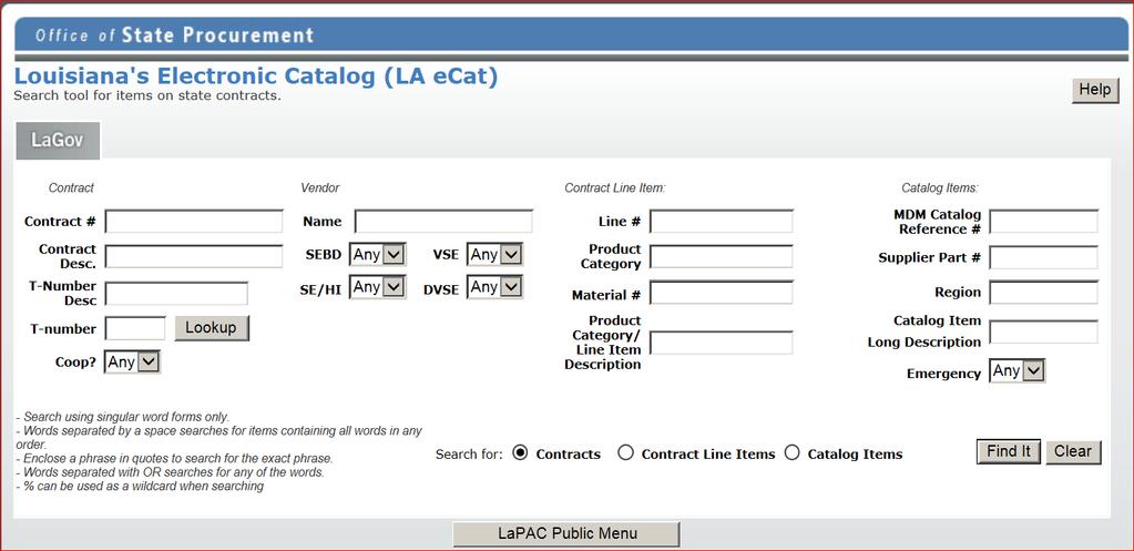 La s Electronic Catalog (ecat) Contract Search All OSP contracts are posted to ecat