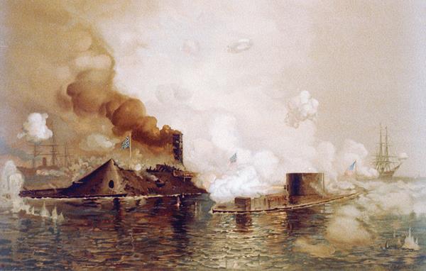 In 1862, the Monitor and the Merrimac, two iron-clad ships, fought to a standstill. The battle signaled the end of wooden warships.