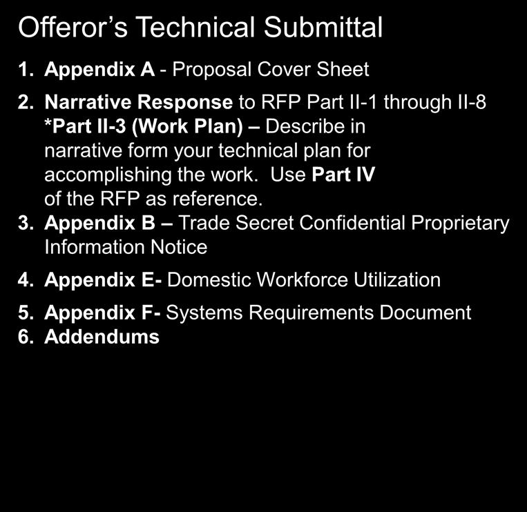 Technical Submittal Offeror s Technical Submittal 1. Appendix A - Proposal Cover Sheet 2.