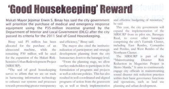 DILG SEAL OF GOOD HOUSEKEEPING AWARD 2011 Binay said P5 million has been allocated for the purchase of an ultrasound machine, while