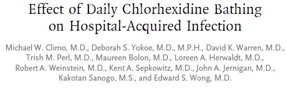 Setting Product Studied Study period/design N Outcome(s) Studied 9 ICUs/BMT units at 6 academic centers 2% CHG washcloths 1 year/cluster RCT 7,727 patients; 49,885 pt
