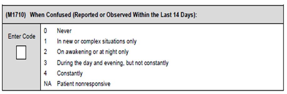 (M1710) LEAST MOST o Identifies the time of day or situations when the patient experienced confusion, if at all, in the past 14 days. This item may not relate directly to M1700. What is confusion?