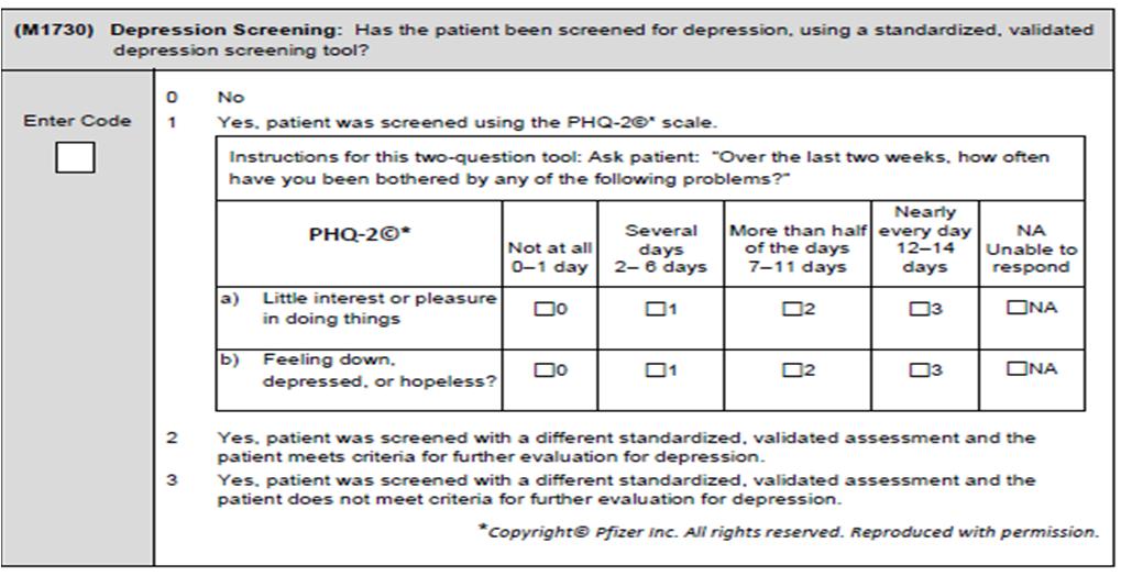 P (M1730) Other possible acceptable tools for depression screening: Geriatric Depression Scale (GDS) administered to patient Cornell Scale for Depression in Dementia (CSDD) may be answered by