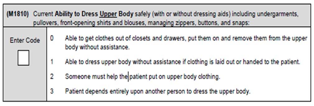remove upper body clothing. Assess ability to put on whatever clothing is routinely worn.