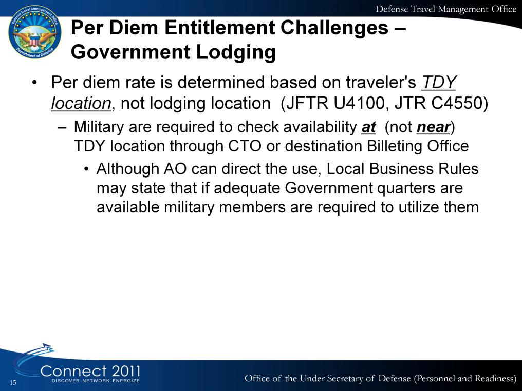 The rules for military personnel use of Government Lodging at a TDY location are shown here. (Discuss each bullet.