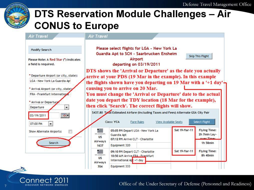 This slide is the Air Travel screen after completing the Trip Overview procedure for the Return travel on a TDY either going to an OCONUS TDY from a CONUS PDS, or returning to an OCONUS PDS from a