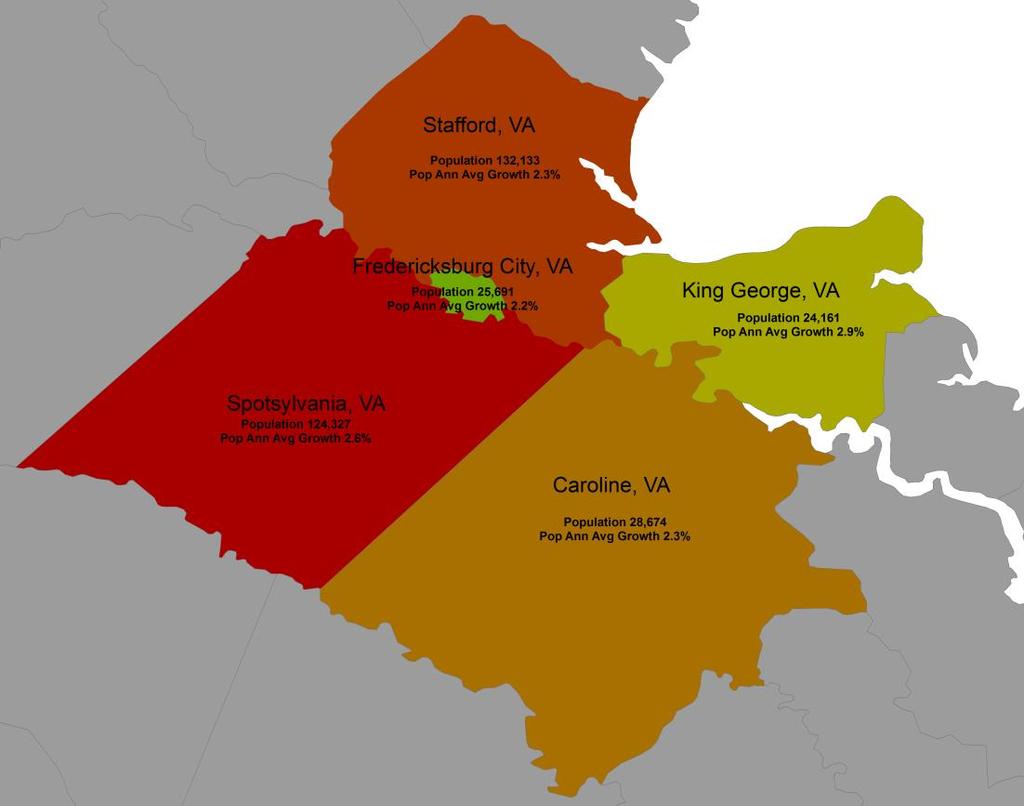 3. Overview of the Fredericksburg Region 3.1 Population Trends The Fredericksburg Region includes the counties of Caroline, King George, Spotsylvania, Stafford, and the City of Fredericksburg.