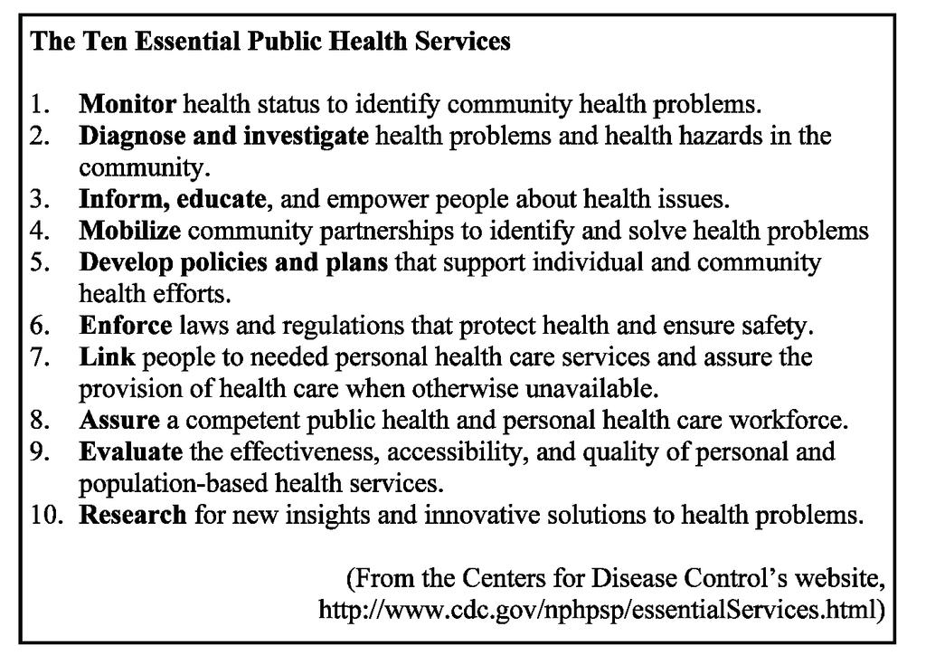 The assessment focuses on standards, designed around the Ten Essential Public Health Services, by which local public health system performance can be determined.