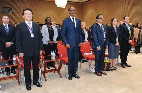 27 TH GENERAL MEETING: RWANDA Dignitaries, from left, including TWAS President Bai Chunli, Rwandan President Paul Kagame, TWAS Secretary General Ajay Sood, Sida Research Adviser Claire Lyngå, and