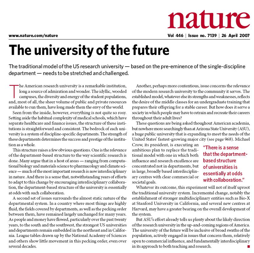 Nature Editorial, April 26, 2007: ASU is The university of