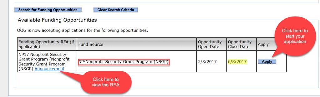 egrants- Apply Tab Find the NSGP funding opportunity* Select Apply to begin your application.