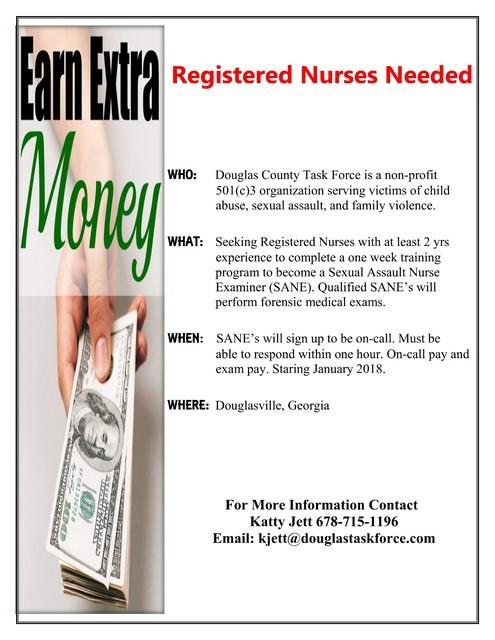 Registered Nurses Needed Thursday, November 23: Douglas County Task Force is seeking registered nurses with at least 2 years experience to complete a one week training program to become a Sexual