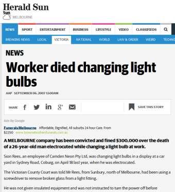 and poor work practices after a 26 year old employee died changing a