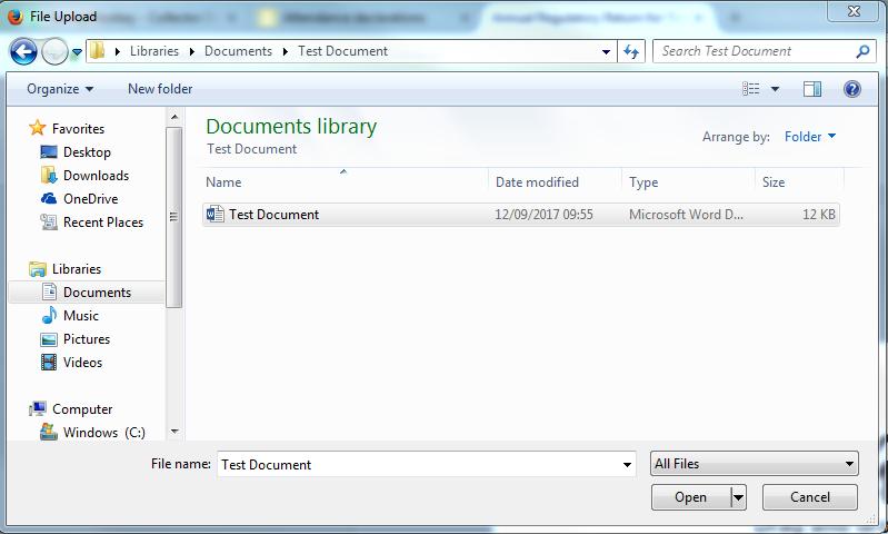 User has two options to upload the document: 1. Select document on desktop or similar by clicking on it to highlight it and then simply drag it into the box above and it will upload automatically.