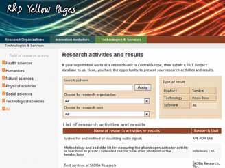Technologies and services offered by research organizations The R&D Yellow Pages service is available free of charge for all research organizations as well as for bodies dealing with Search options