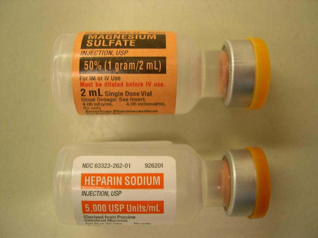 Description: A tech when refilling the heparin 5,000 vial noticed that a couple of the vials were magnesium sulfate 50% 2 ml vials. They were removed and replaced with heparin.