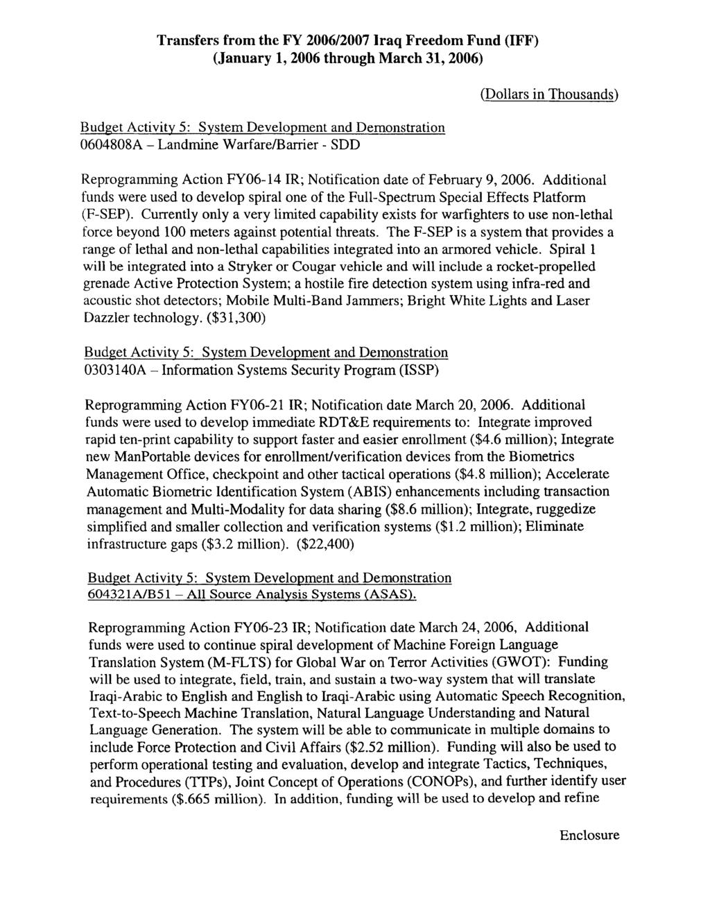 Transfers from the FY 2006/2007 Iraq Freedom Fund (IFF) (January 1, 2006 through March 31, 2006) Budget Activity 5: System Development and Demonstration 0604808A- Landmine Warfare/Barrier- SDD