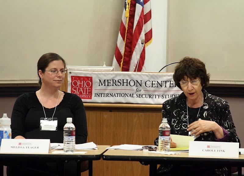 Carole Fink (right), Humanities Distinguished Professor of History, served as chair of the first conference session, "Why Alliances Fail.