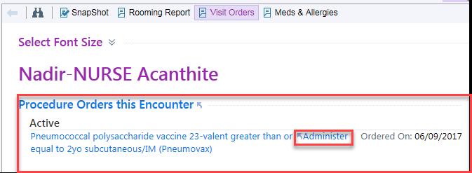 If ordering and administering the Pneumonia vaccination during this encounter: 1. Click the Visit Navigator activity, and click Meds & Orders from the table of contents. 2.