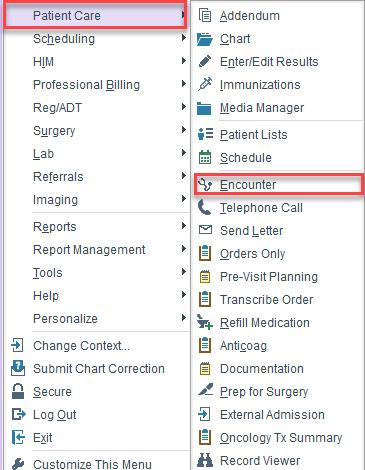 Scroll down to Patient Care and choose Encounter. 2. Search for the appropriate patient. 3. A new window will open.
