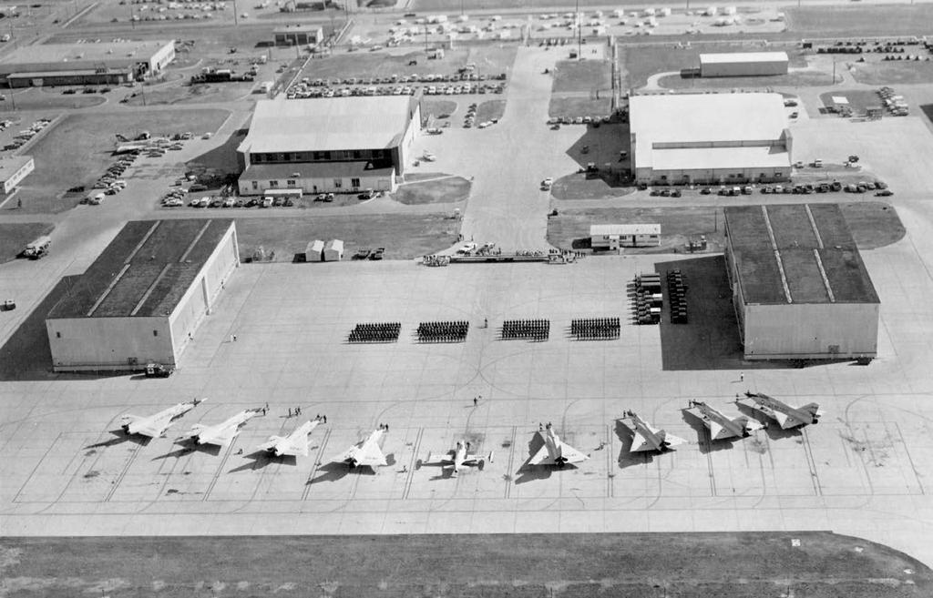 This 1960s era photo shows the 5th Fighter Interceptor Squadron at the Minot Air Force Base.