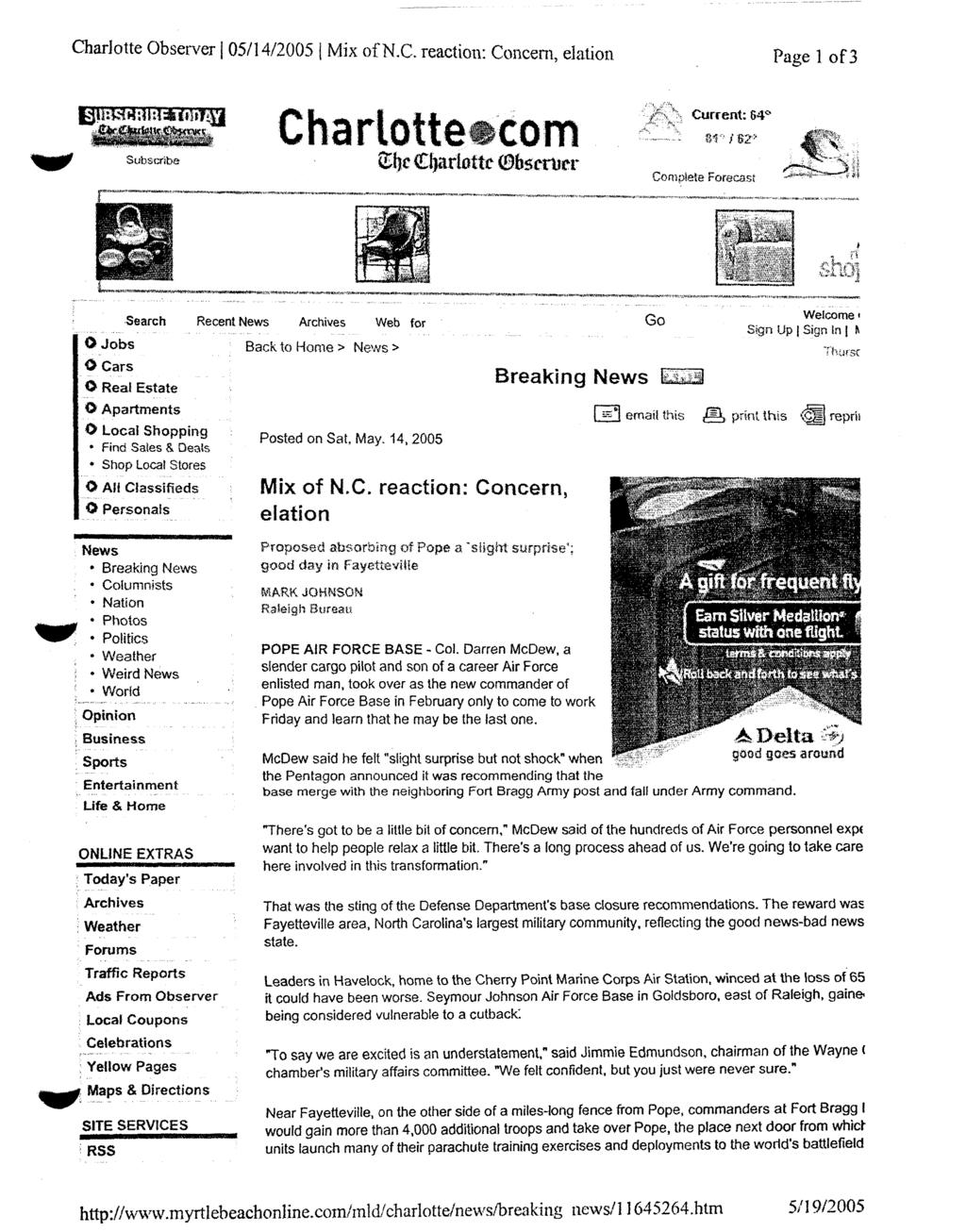 Charlotte Observer 1 05/14/2005 1 Mix oen.c. reaction: Concern, elation Base Visit Book Charlotteecorn 'cclr Suhstrrbe Ehe C&httt! Obsrntrr Current: S P 8?