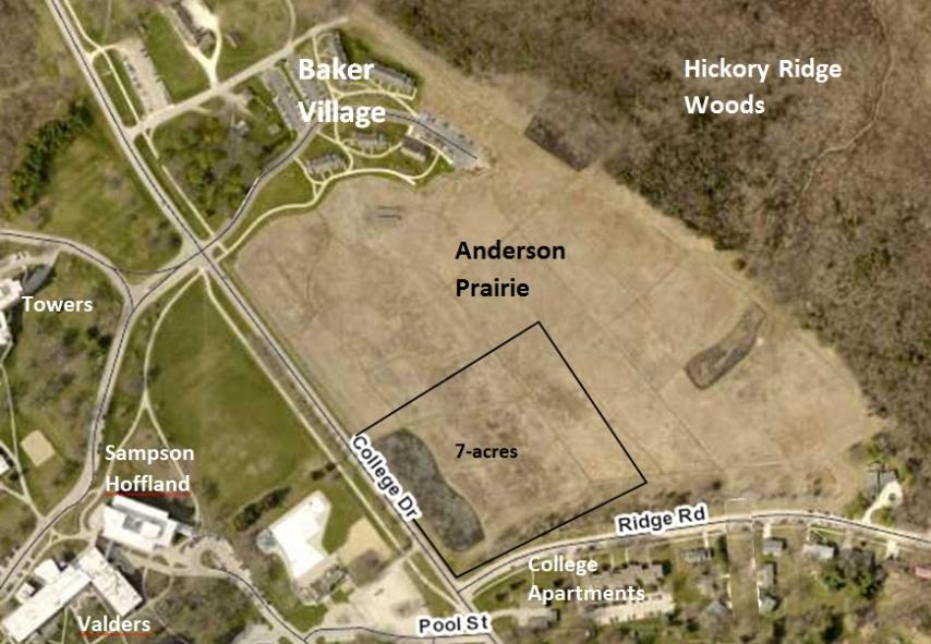 Approximate footprint of a 7-acre parcel superimposed on Anderson Prairie, with adjacent college facilities.