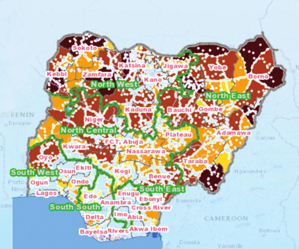CLUSTERS OF ICT/TELEPHONY GAP IN NIGERIA, 2015 A total of 207 clusters were established and grounded according to population density Note: The uncoloured are the served areas The estimate population