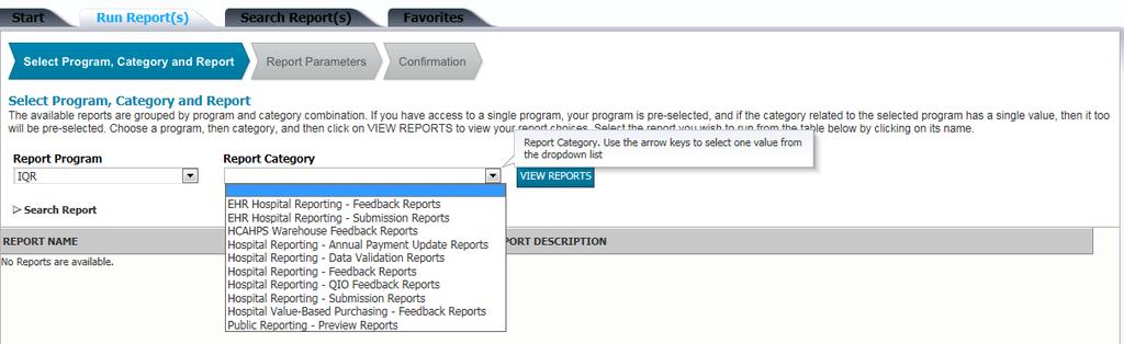 3. Select Public Reporting Preview Reports from the list in the Report Category drop-down. The Run Reports tab 4. Select View Reports.