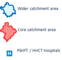 Key: This map shows the combined area served by both trusts Hinchingbrooke Health Care NHS Trust (HHCT) provides care to 193,000 people from Huntingdon and the surrounding area.