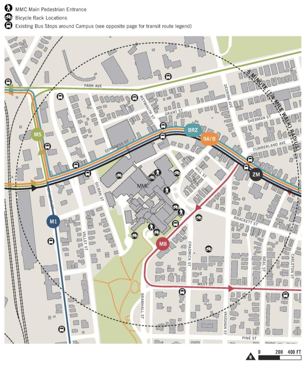 FIGURE 1 Map of Existing Transit Routes and Stops Bicycle and Pedestrian Infrastructure MMC understands that all campus users walk at some point to arrive at their MMC destination.