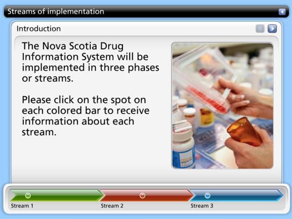Slide 7 Streams of implementation Duration: 00:01:31 The Nova Scotia Drug Information System will be implemented in three phases or streams: PROPERTIES Allow user to leave interaction: Show Next