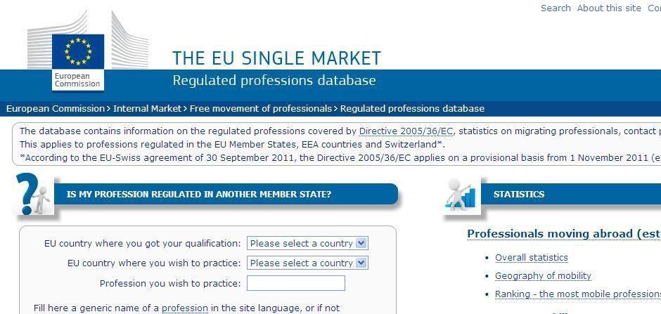 LIST OF REGULATED PROFESSIONS IN THE EU is available at: http://ec.