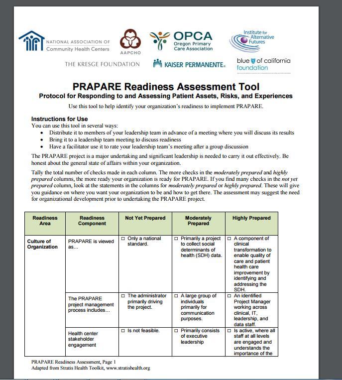 PRAPARE READINESS ASSESSMENT Culture of Organization Leadership and Management Workflow Process Improvement