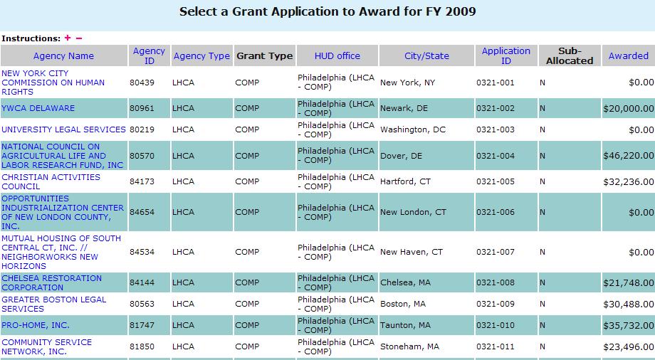 8.0 Office Manager Figure 146. OM Grants: Select a Grant Application to Award for FY 20XX 3. To sort this list: Click the Agency Name button to list the agencies in Agency Name order.