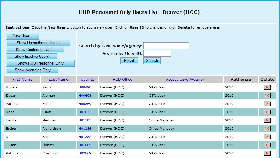 A list of HUD personnel only users is displayed. Figure 151.H. OM User: HUD Personnel Only Users List Denver (HOC) 19.