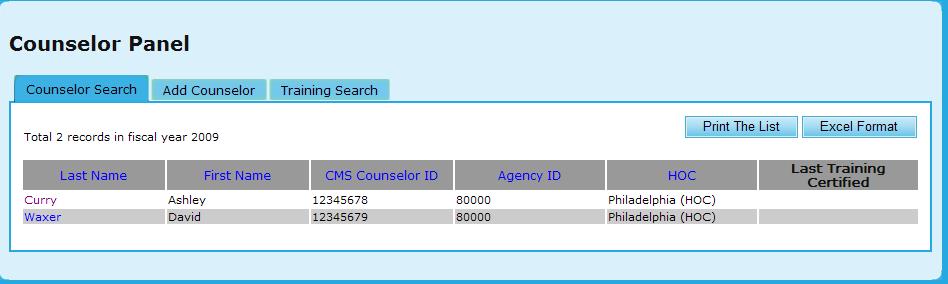 9.0 Program Manager Figure 234.A. PM Agency: Agency Counselor/Client Counselor Search 3. Provided below is an example of the search results retrieved while performing a counselor search. 4.