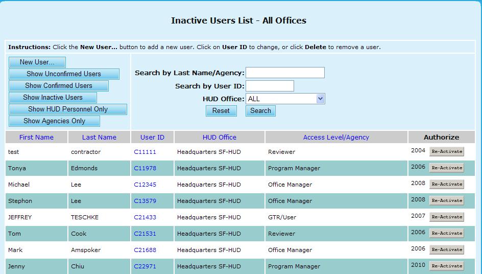 9.0 Program Manager Figure 276.H. PM User: Inactive Users List All Offices 18.