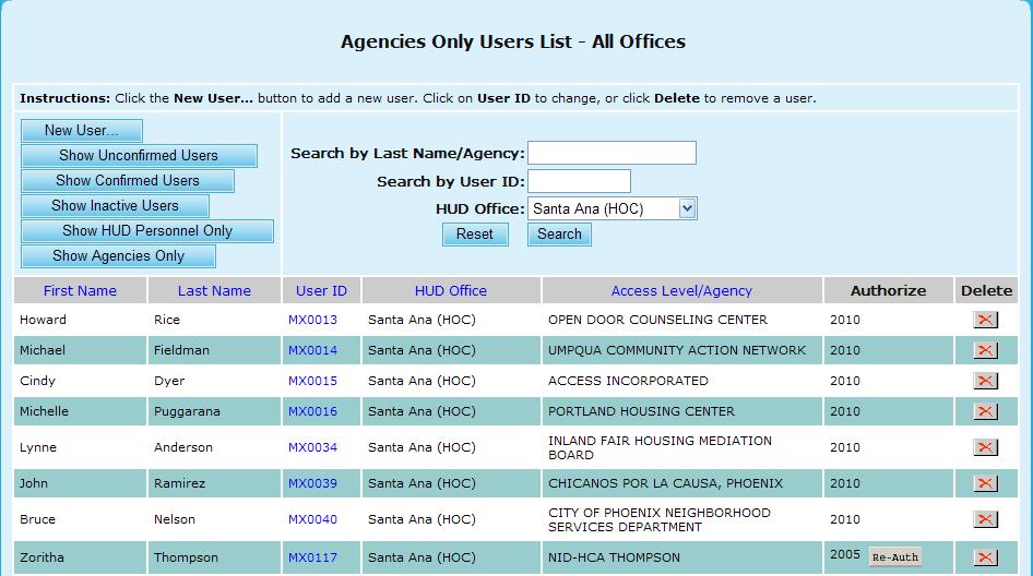 9.0 Program Manager Figure 276.J. PM User: Agencies Only Users List Santa Ana (HOC) 9.5 Management As a Program Manager user, you can perform following system management functions.