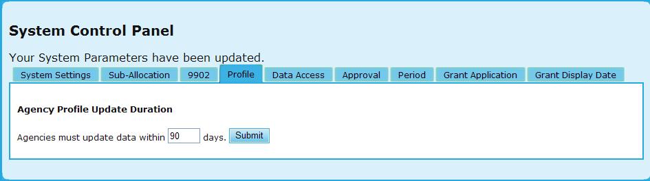 9.0 Program Manager Figure 278.D. PM Management: System Control Panel Agency Profile Update Duration 5. Under Data Access you are able to edit the following information: a.
