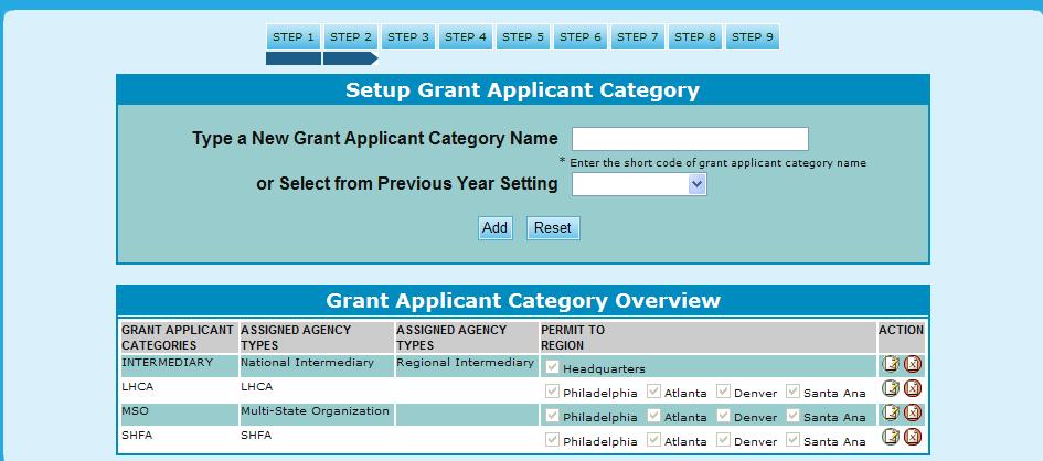 Click the Grant Category Setup hyperlink. The Grant Category screen appears. If you are already in the Grant Maintenance, you can also press Step 2.