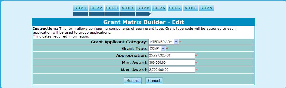Once you have made your desired edits, click Submit to save changes, or Cancel to return back to the Grant Matrix Setup screen. Figure 291.B. PM Management: Grant Matrix Setup Edit Matrix Builder 5.