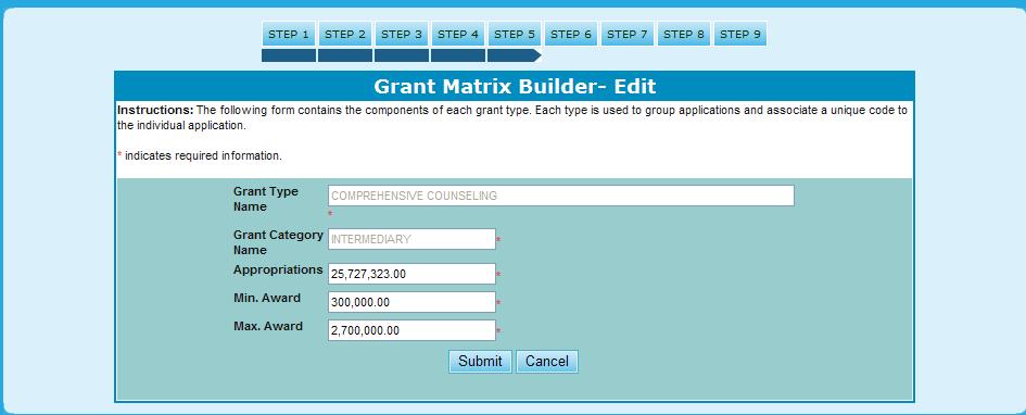 9.0 Program Manager b. Min. Award c. Max. Award 6. Once you have made your desired edits, click Submit to save changes, or Cancel to return back to the Grant Matrix Setup screen. Figure 291.C. PM Management: Grant Matrix Setup Add Grant Allocation 7.