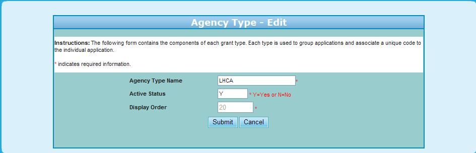Provided below is an example of the Agency Type screen. Figure 297.A. PM Management: Agency Type Status 2.